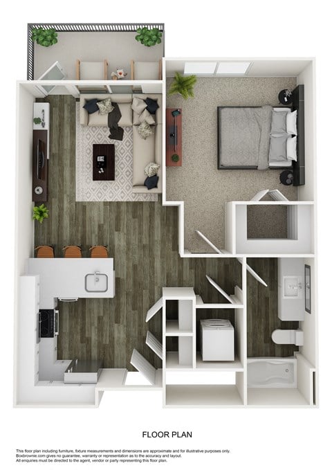 Floor plan for 1 bed, 1 bath, 743 sqft